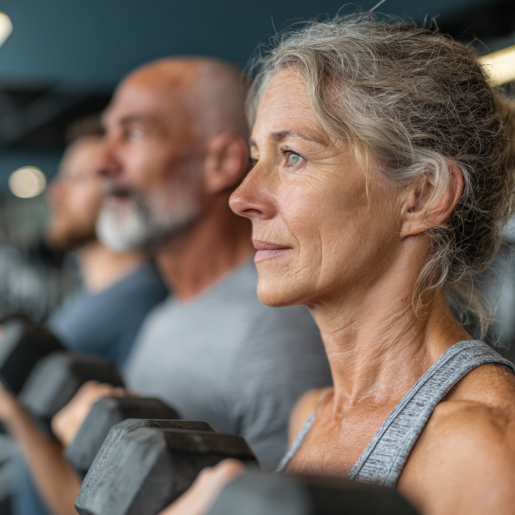 Mature adults in their 40s and 50s engaged in strength training exercises at a modern fitness center, showing proper form and dedication