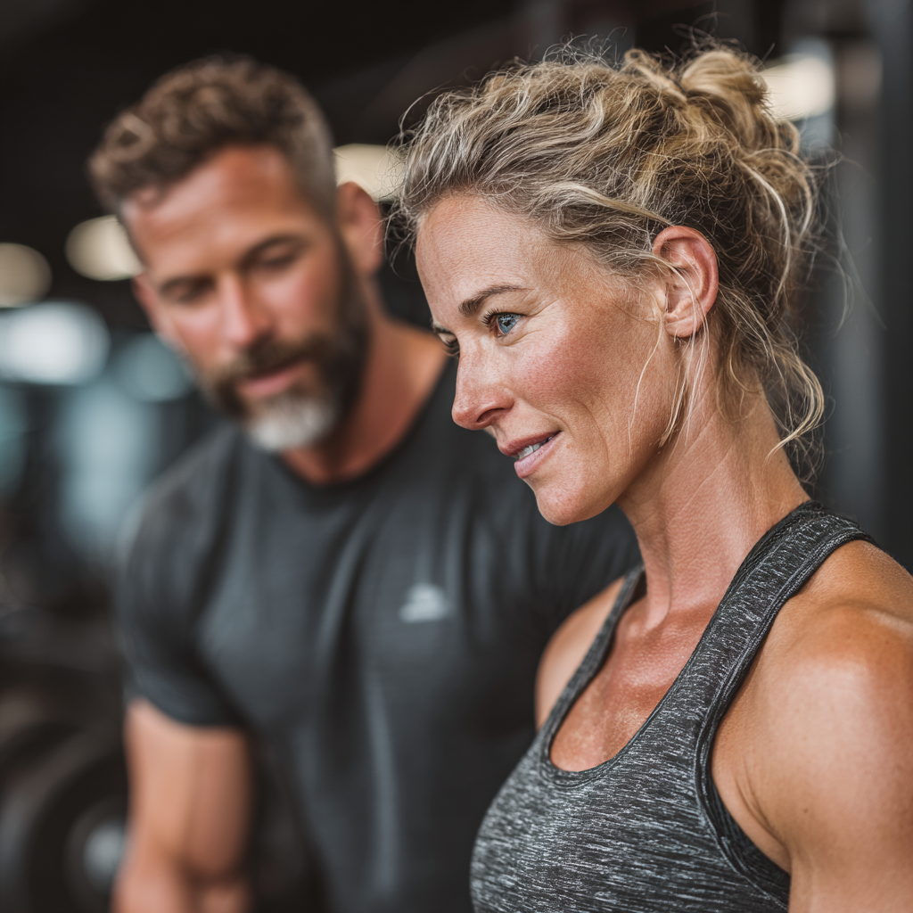 Middle-aged fitness enthusiast between 45-55 years old working with a personal trainer on customized strength exercises in a professional gym setting